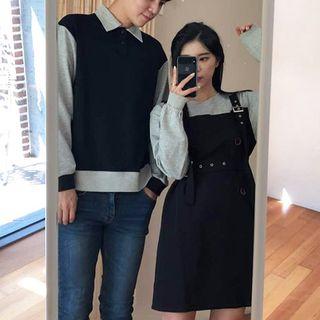 Couple Matching Color Panel Polo Pullover/ Mock Two-piece Long-sleeve A-line Dress