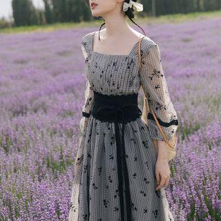 Long-sleeve Square Neck Floral Maxi A-line Dress