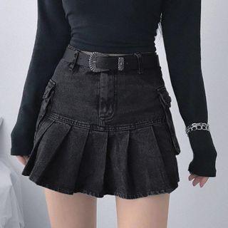 Pleated Denim Mini A-line Skirt