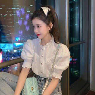 Puff Sleeve Round Neck Lace Trim Blouse