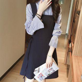 Set: Striped Shirt + Wide Strap Pinafore Dress