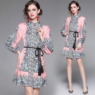 Long-sleeve Tasseled Tie-waist Print Mini A-line Dress