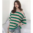 Elbow-sleeve Striped Cut Out T-shirt