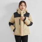 Two Tone Padded Zip-up Hooded Jacket Khaki - One Size