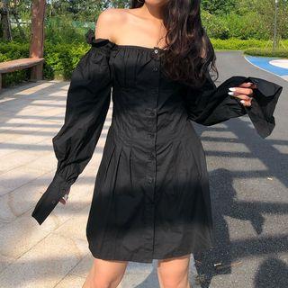 Long-sleeve Crinkled Shirt Dress
