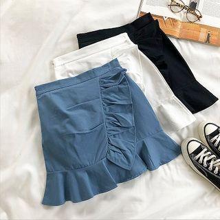 Plain Asymmetric Ruffled-trim High-waist A-line Skirt