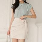 Set: Ruffle Cap-sleeve Chiffon Blouse + Bow Accent High-waist Mini Pencil Skirt