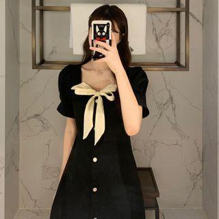 Short-sleeve Bow Accent Midi A-line Dress Black - One Size