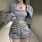 Striped Strapless Top / Shorts / Baseball Jacket / Set