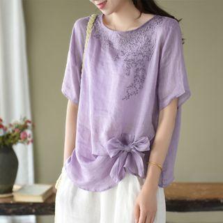 Short-sleeve Floral Embroidered Tie-front Blouse