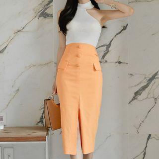 Set: Halter Knit Top + Midi Fitted Skirt