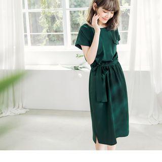 Fold-up Sleeve Pocket Midi Dress