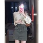 Eyelet Loose-fit Knit Crop Top / High-waist Mini Skirt