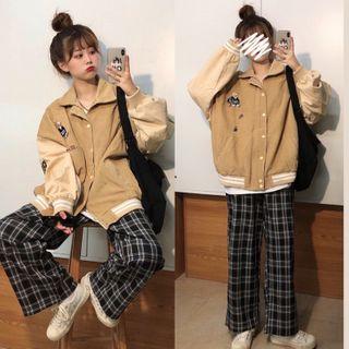 Bear Embroidered Corduroy Baseball Jacket / High-waist Plaid Pants