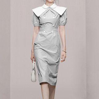 Puff-sleeve Striped Double-breasted A-line Dress