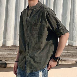 Stand Collar Pocket Front Short Sleeve Shirt