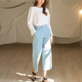 Collarless Shirred Saddle-shoulder Blouse
