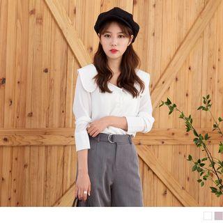Long Sleeve V-neck Notched-lapel Chiffon Blouse