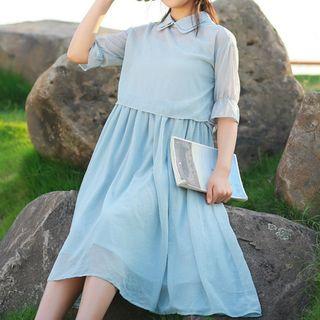 Set: Layered Collar Elbow-sleeve Dress + Strappy Dress