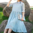 Set: Layered Collar Elbow-sleeve Dress + Strappy Dress