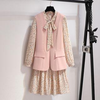 Set: Plain Vest + Long-sleeve Floral Dress