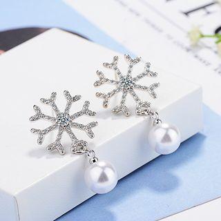 Rhinestone Snowflake Faux Pearl Dangle Earring Copper White Gold Plating - One Size