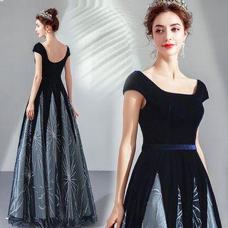 Velvet Short-sleeve A-line Evening Gown