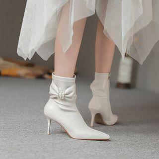 Faux Pearl Bow High Heel Short Boots