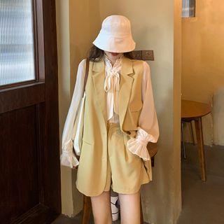 Long Sleeve Lace-up Blouse / Loose Vest / A-line Shorts