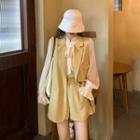 Long Sleeve Lace-up Blouse / Loose Vest / A-line Shorts