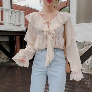Collared Bell-sleeve Chiffon Blouse Almond - One Size