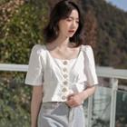 Square Neck Short-sleeve Button Top White - One Size