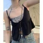 Set: Lettering Halter Top + Plain Camisole Top Black & Gray - One Size