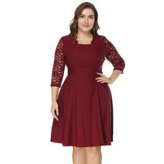 Plus Size Elbow Sleeve Lace Panel A-line Dress