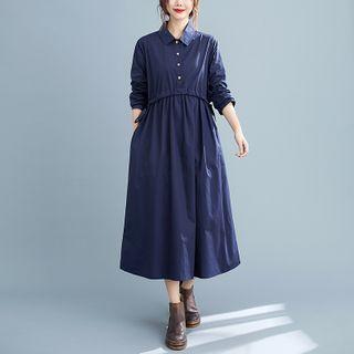 Collared Drawstring-waist Midi A-line Dress