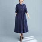 Collared Drawstring-waist Midi A-line Dress