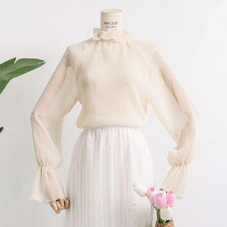 Stand-collar Mesh Chiffon Top