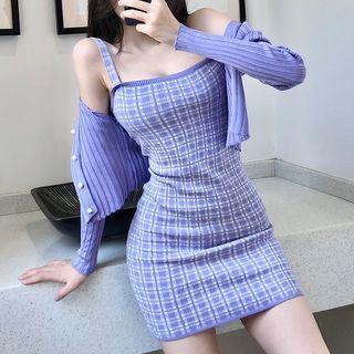 Set: Cardigan + Sleeveless Plaid Dress