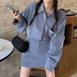 Corduroy Long-sleeve Shirt / High-waist A-line Mini Skirt
