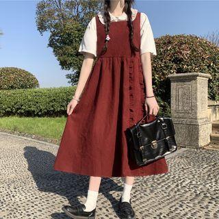 Ruffle Trim Collar Blouse / Midi A-line Overall Dress