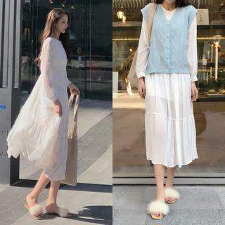 Plain Knit Vest / Plain Long-sleeve Loose-fit Dress