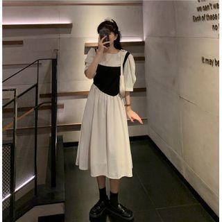 Puff-sleeve Mock Two-piece Dress Dress - One Size