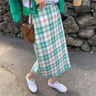 Band-waist Checked Midi Skirt Green - One Size