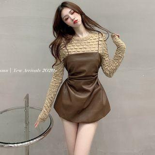 Embossed Plain T-shirt / Faux-leather Ruched Sleeveless Mini Dress