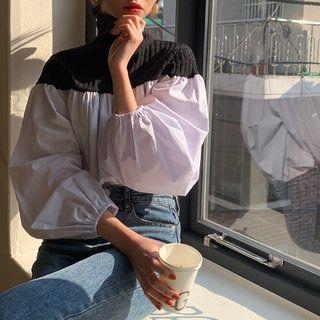 Long-sleeve Mock-neck Knit Panel Blouse