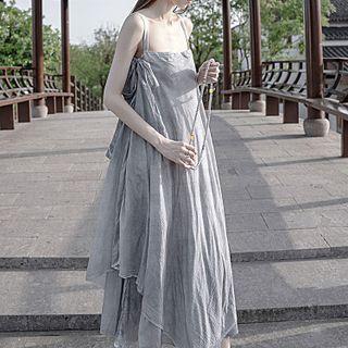 Spaghetti Strap Asymmetric Midi Dress Gray - One Size