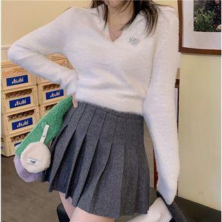 Lapel Plain Long-sleeve Cropped Sweater