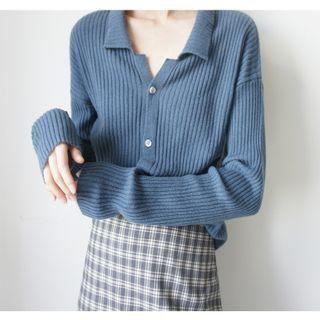 Collared Button-up Ribbed Knit Top Blue - M