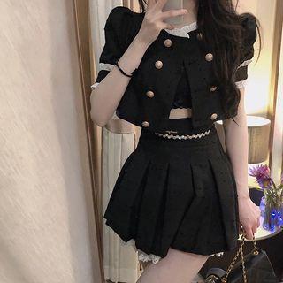 Ruffle Trim Crop Top / Lace Panel Mini A-line Skirt / Set