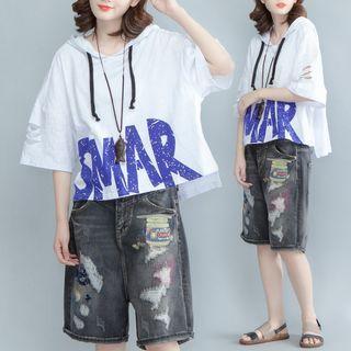 Elbow-sleeve Letter Print Hoodie White - One Size